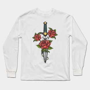 Dagger Knife and Rose Flowers Drawn in Tattoo Style Long Sleeve T-Shirt